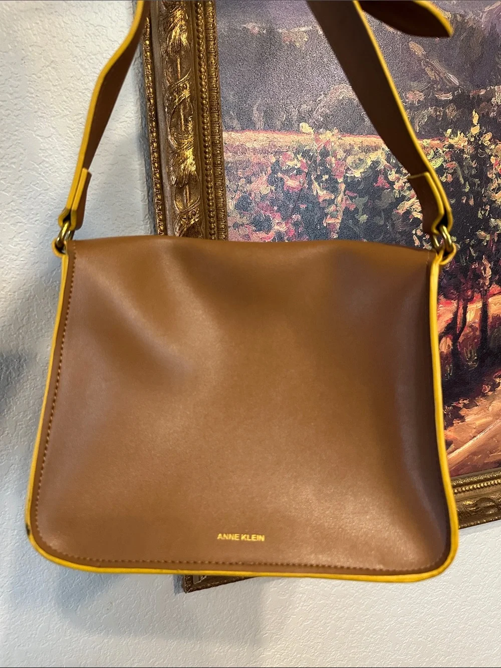 Anne Klein Brown Leather Crossbody Bag with Yellow Trim